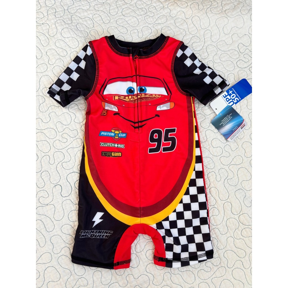 Disney‎ Pixar Cars Lightning McQueen Rash Guard Swimsuit Red Checkered 18 Months